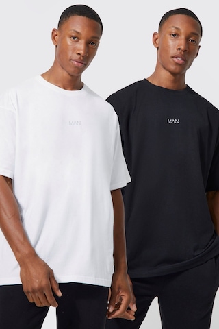 2'li Man Yazı Süprem T-shirt - Siyah Beyaz Baskılı Oversize Bisiklet Yaka Kısa Kol Tişört Siyah Beyaz