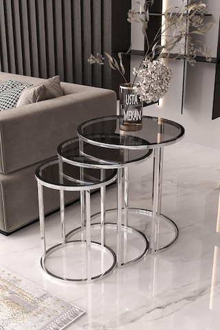 Usta Gümüş Metal Füme Cam 3 Lü Zigon Sehpa Gümüş-füme Çok Renkli