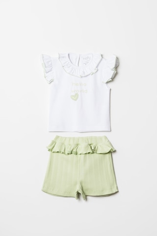 Hafy Baby Hello World Nakışlı, Fırfır Yakalı, Kız Bebek Şortlu Takım Beyaz - Yeşil