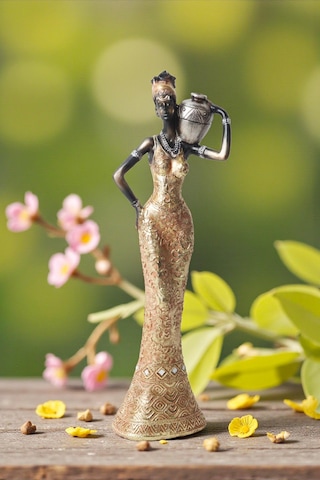 Lüks İşlemeli Geleneksel Yerel Kıyafetli Afrikalı Kadın Heykeli Dekoratif Biblo Ev Ofis Hediyesi Md2