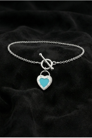 Roza Silver 925 Ayar Turkuaz Mineli Kalp Kilit Detaylı Charm Gümüş Bileklik Ayarlanabilir Rzb10087 Gümüş