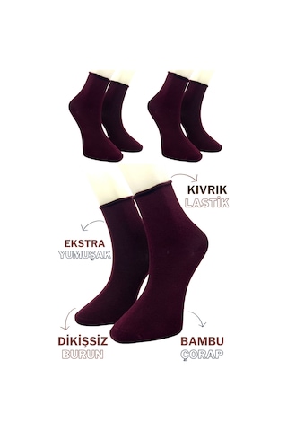 Premium 3 Çift Bordo Bambu Kadın Lastiksiz Roll Top Soket Dikişsiz Çorap/ız Bırakmaz/sıkmayan Çorap Bordo