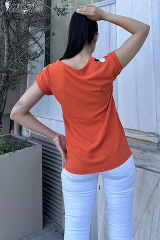 Kadın Kiremit V Yaka, Kısa Kol, Color Block Detaylı Salaş Airobin Bluz Kiremit