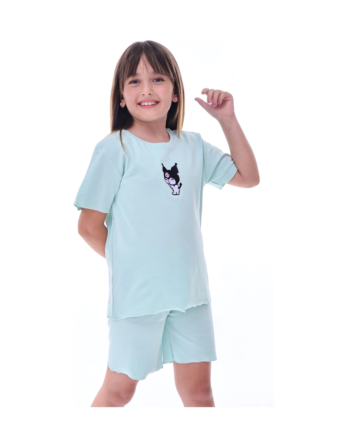 Ribana Beybi Overlok Detaylı Kuromi Nakışlı Alt-üst Takım Su Yeşili