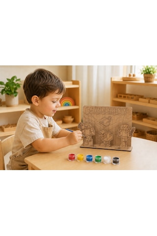 Piksel Blok Dünyası Temalı Ahşap Boyama Seti 3d Geçmeli Mdf Dekor, 6 Renk Boya Ve Fırça Dahil