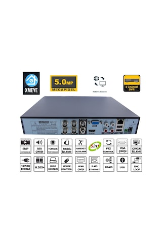 Technozi 4 Kanal 5 Mp Kamera Kayıt Cihazı Ahd Dvr 1080p H265+ Plus 5 İn 1 Hibrit Xmeye
