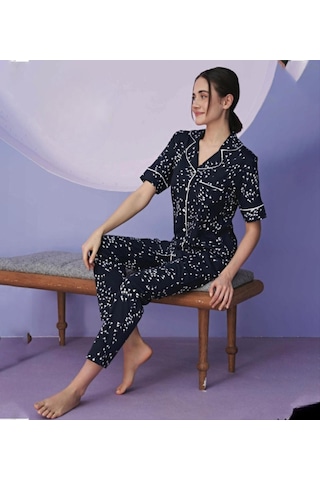 Miss Klein Kadın Büyük Beden Gömlek Yaka Pamuklu Likralı Kısa Kol Pijama Takımı 1130 - 1 Adet Lacivert