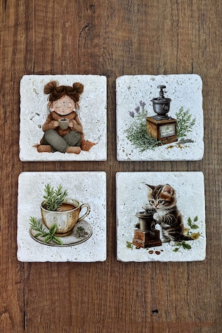 Doğal Taş Bardak Altlığı Sevimli Kız Ve Kedi Kahve Temalı -10x10cm Stone Coasters Çok Renkli