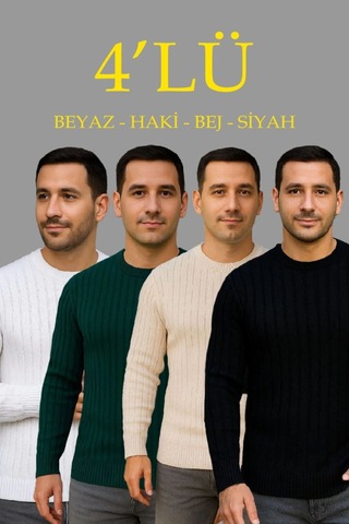 Butik İstanbul Erkek Fitilli Triko Kazak 4 Lü Set Beyaz, Haki, Bej, Siyahkalın Dokuma Pamuklu Regular Fit Bisiklet Yaka Uzun Kollu Kışlık Ve Baharlık Rahat Triko Kombini Haki - Siyah - Beyaz - Bej