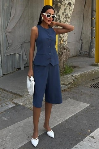 Alyn Wear Midi Şortlu Ve Yelekli Viscon Takım 10167 Indigo