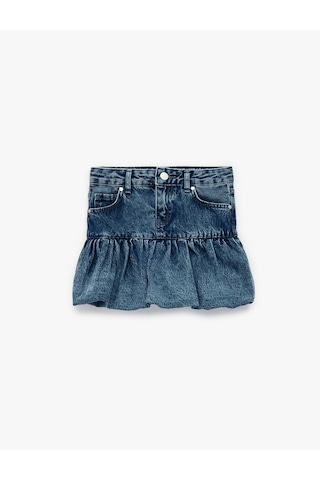 Koton Pamuklu Düğmeli Yıpratmalı Cepli Mini Balon Denim Etek Orta İndigo 6skg70001ad İndigo