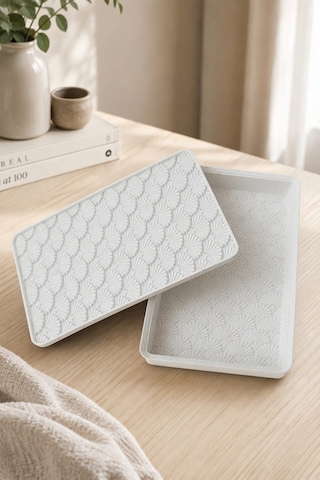 Desenli Kapaklı Dekoratif Kutu Masa Üstü Organizer Takı Aksesuar Saklama Kutusu Pla 20x12.5 Cm Beyaz