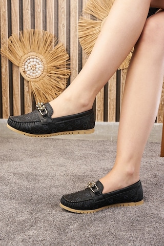 Günlük Kadın Babet Dikiş Detaylı Metal Tokalı Suni Deri Rahat Hafif Alçak Topuklu Ayakkabı 03 Siyah