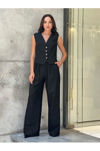 Trend Kadın Önü Düğme Kapamalı Arkası Leopar Desenli Bol Pantolon İkili Takım Siyah