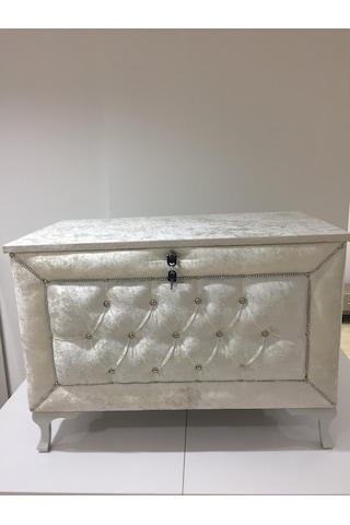 Çeyiz Sandık Kapitone Büyük Tek Model Krem Kadife Kumaş İçi Kırmı (322729965)