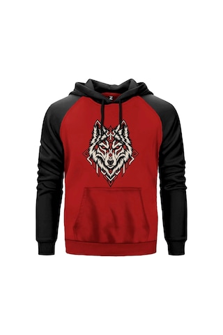 Geometrik Bozkurt Gri Renk Reglan Kol Sweatshirt Kapşonlu