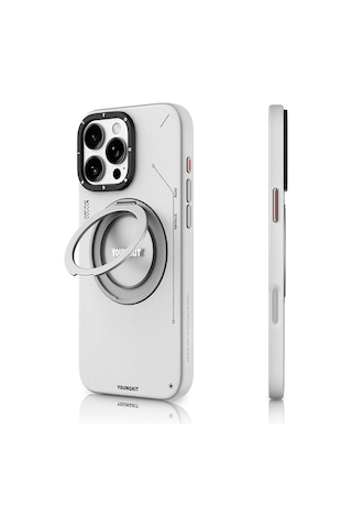 Apple Uyumlu iPhone 16 Pro Kılıf Magsafe Şarj Özellikli 360 Standlı Deri Desenli Youngkit Tech Leather Serisi Gri
