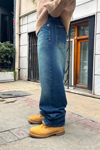 Flaw Eskitme Model Çizgili Baggy Jean Mavi Mavi