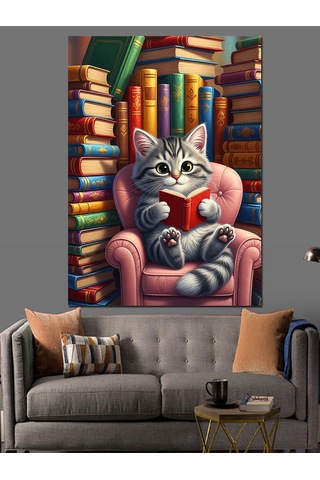 Ahşap Tablo Kütüphanede Kitap Okuyan Kedi
