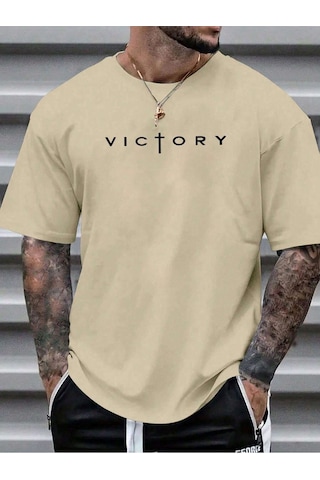Victory Baskılı Süprem Bej T-shirt - Oversize Bisiklet Yaka Tişört Bej-280554