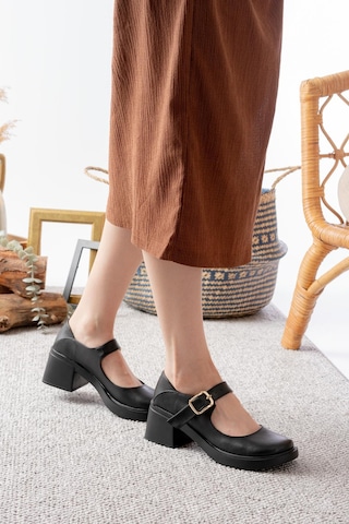 Asmi Shoes Kadın Elisa Siyah Cilt 6 Cm Tek Baletli Topuklu Loafer Ayakkabı Siyah Siyah