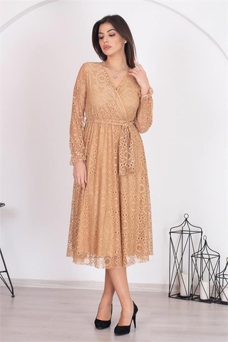 Neşeli Butik Kadın Camel Kuşaklı Kruvaze Yaka Astarlı Dantel Elbise Rssn31 Camel