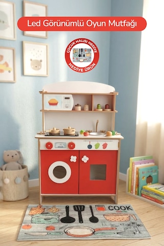 Rozitoys Ahşap Montessori Minimal Led Ocak Tasarımlı Çocuklar İçin Eğitici Mutfak 5977