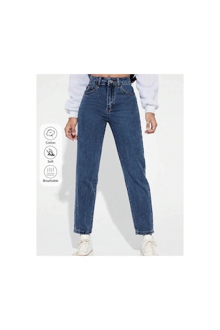 Kene Jeans Yüksek Bel Tam Kalıp Mom Jeans Lacivert