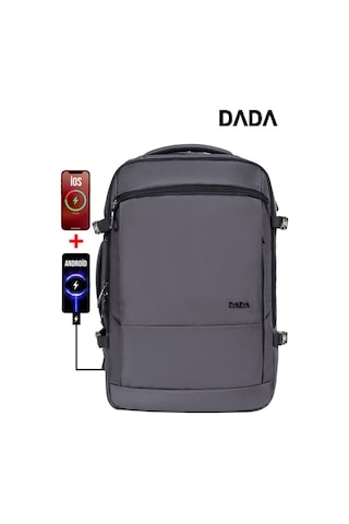 Körüklü Laptop Sırt ve Seyahat Çantası 15,6 İnç 40 Litre Usb Su Geçirmez Kumaş Gri Dada 12