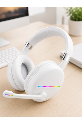 Kablosuz Bluetooth Mikrofonlu Beyaz Kulaklık Rgb Işıklı