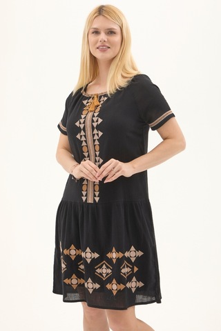 Şile Bezi Siyah Otantik Nakışlı Midi Elbise