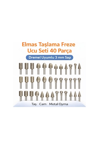 Senbang Elmas Taşlama Freze Ucu Seti 40 Parça Dremel Uyumlu 3 Mm Sap Taş Cam Metal Oyma