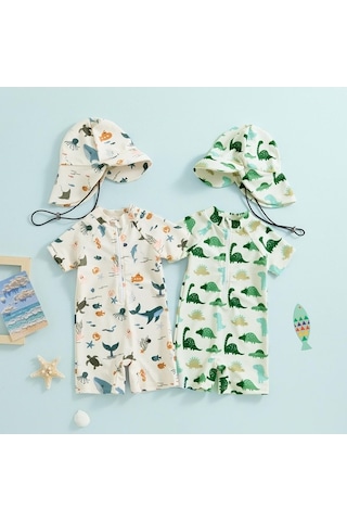 Fastbuy Bej Yürüyen Erkek Mayo, 3-12 Ay, 2-3 Yaş, Güneş Koruyucu Kısa Kollu, Fermuarlı, Hayvan Desenli Şapka Bej