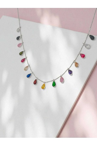 Rengarenk Damla Kesim Taşlı 925 Ayar Gümüş Kolye Şık Ve Işıltılı Tasarım Gümüş