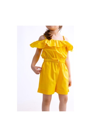 Oliventhekid Omuzdan Fırfırlı Poplin Kız Çocuk Tulum Sarı Sarı