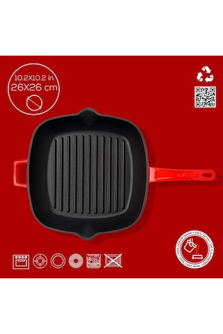 Lava Metal Döküm Izgara Tava, Metal Saplı, 26x26 Cm, Kırmızı Genel