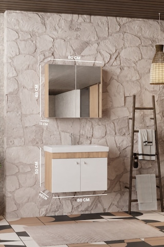 Milano 80 Cm, Lavabolu Banyo Dolabı Seti, Lavabo Dahil, Ayna Dahil, Sonomo Meşe, Mdf Beyaz - Sonomo