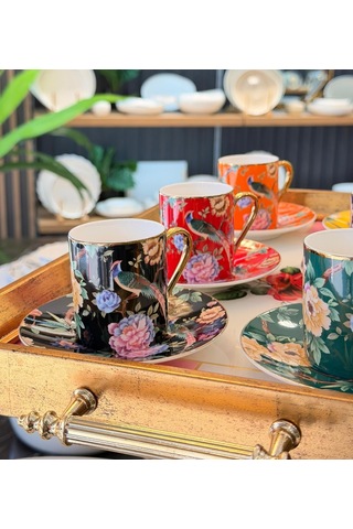 6 Kişilik Porselen Renkli Bird Deco Kahve Fincanı -5811 Çok Renkli