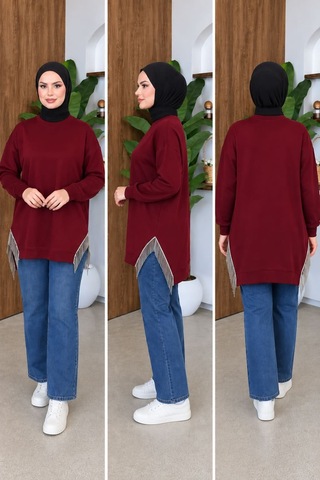 Aymiraa Kadın Püskül Detaylı Rahat Kalıp Tesettür Sweatshirt Tunik Bordo Bordo