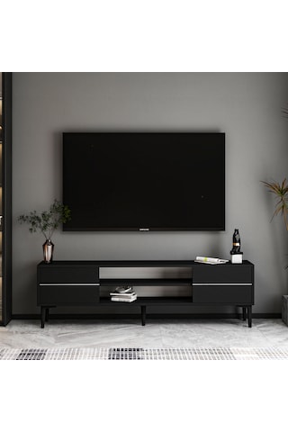 Aragon Modern Tv Sehpası 180 Cm, 2 Kapaklı + 2 Açık Raflı, Siyah & Beyaz Renk Seçenekli Tv Ünitesi - Siyah Siyah