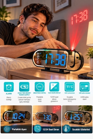 Led Dijital Masa Saati Şık Tasarım Alarm Özelliği Parlaklık Ayarı Sıcaklık Ve 12 24 Saat Gösterimi Çok Renkli