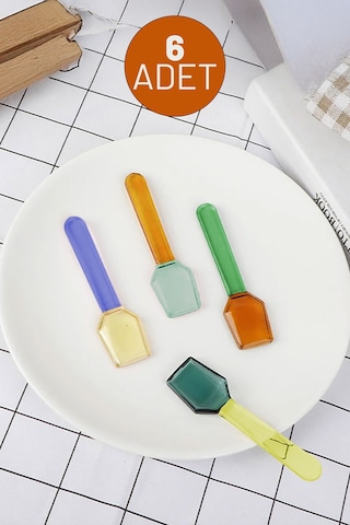 İronika 6lı Renkli Cam Kaşık Borosilikat Isıya Dayanıklı Özel Tasarım Çay Kahve Tatlı Kaşığı Altıgen Açık Mavi
