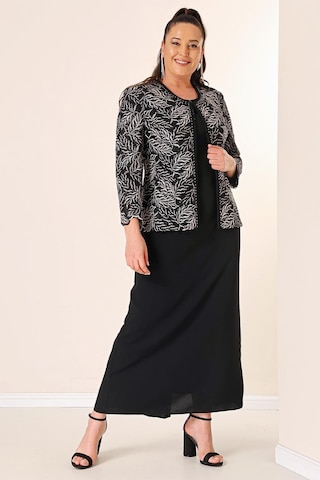 Yakası Boncuk Nakışlı Uzun Elbise Boncuk Pul Nakışlı Ceket Astarlı Büyük Beden 2'li Takım-35349-pudra Pudra