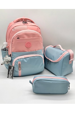İlk Okul Çantası 3'lü Seti Unisex Çocuk İlkokul Çantası Gry-8010 Pudra-mavi Fuşya
