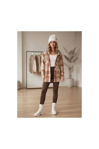 Polologin Butik Bej-kahve Ekoseli Kapşonlu Tunik Ceket Bej