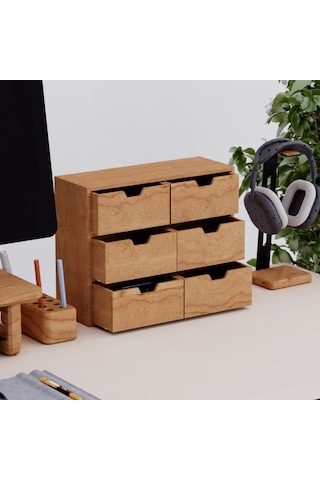 Desna Üç Katlı Altı Çekmeceli Dolap - Kiraz 34 Cm Uzunluk X 12.1 Cm Derinlik X 27.2 Cm Woodsaka Doğal Ahşap
