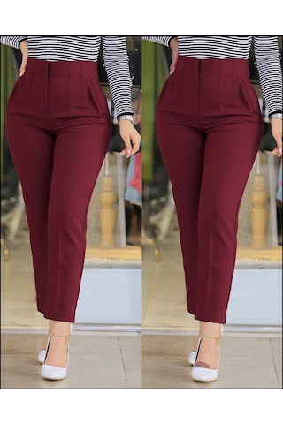Aesco Kadın Üste Oturan Paçası Bilek Üzerinde Biten Atlas Kumaş Pantolon 36 S - 48 4xl Bordo