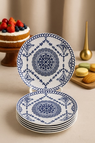 Grandora Mavi Beyaz Çini Desenli 6'lı Pasta Tabağı Seti 20 Cm - Pasta Ve Tatlı Tabak Vintage Sunum Tabağı Lacivert-beyaz