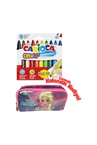 Lisanslı Frozen Kalemlik Hediyeli - Carioca Creatip 10 Renk Yıkanabilir Keçeli Kalem Büyük Boy Pembe