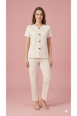 Sleeproom Yazlık Ekru Kiraz Desenli Kısa Kol Penye %100 Pamuk Pijama Takım